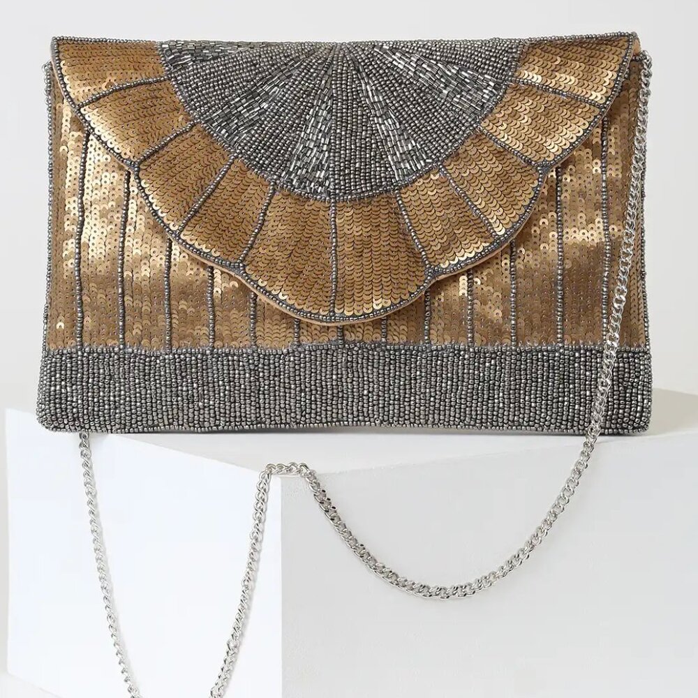 LuLus Glam Goddess Gold & Gunmetal Beaded Sequin Convertible Clutch Shoulder Bag